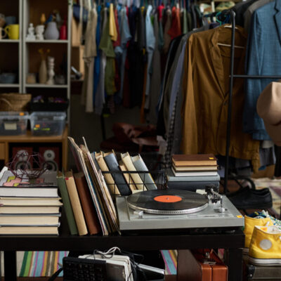 Books, record player and sneakers