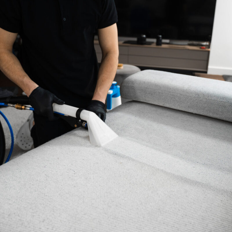 Cleaner is dry cleaning sofa using extractor machine with detergent. Using extractor to refresh and clean from dust and stains upholstered furniture.