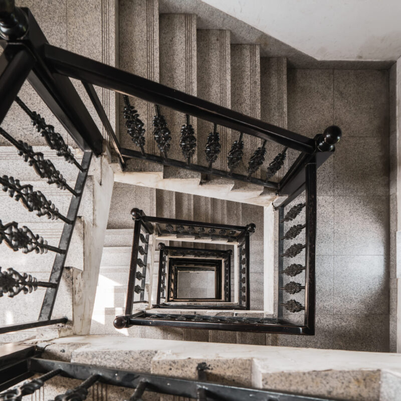 Looking down the spiral staircase