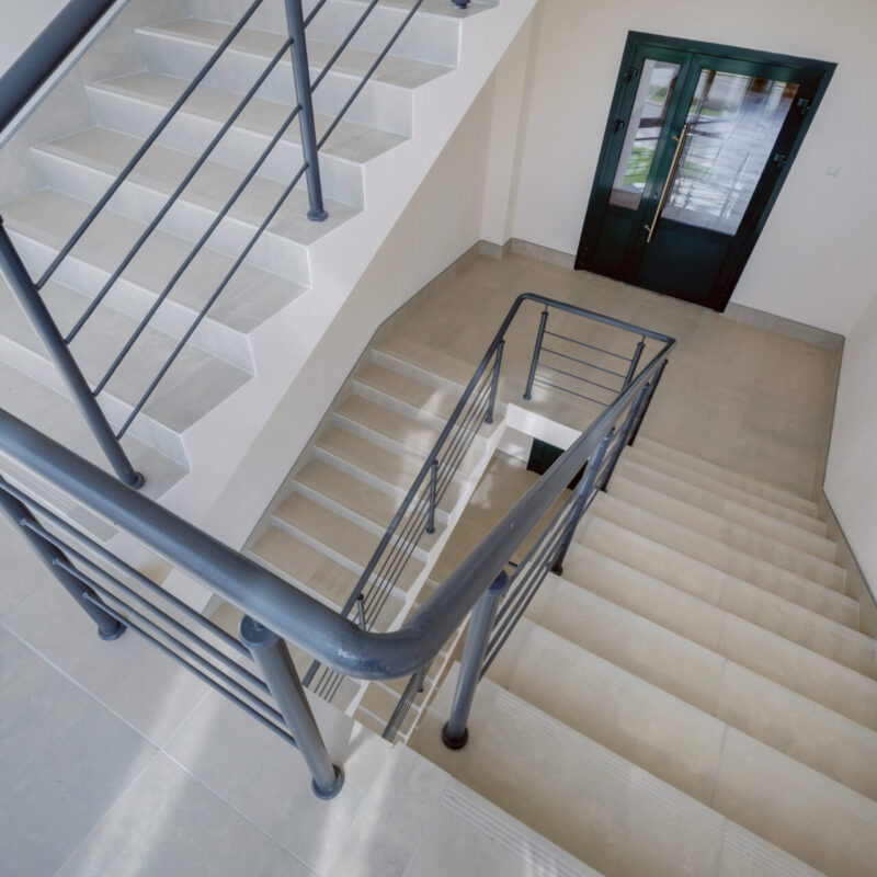 stairs emergency and evacuation exit stair in up ladder in a new office building.